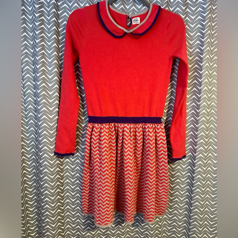 Mini Boden | Orange Shimmer Chevron Peter Pan Dress, Size 11-12y